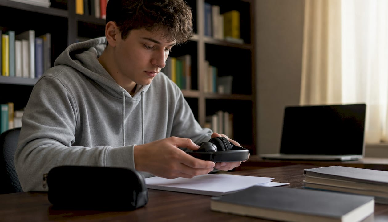 Uno studente che sistema libri, quaderni e penne sulla scrivania di casa, preparandosi per una sessione di studio.