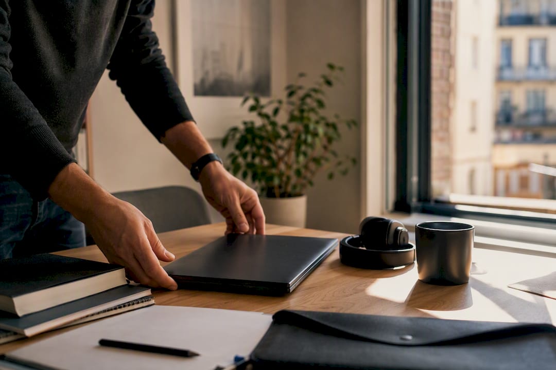 Scrivania di studio con strumenti digitali e caffè espresso