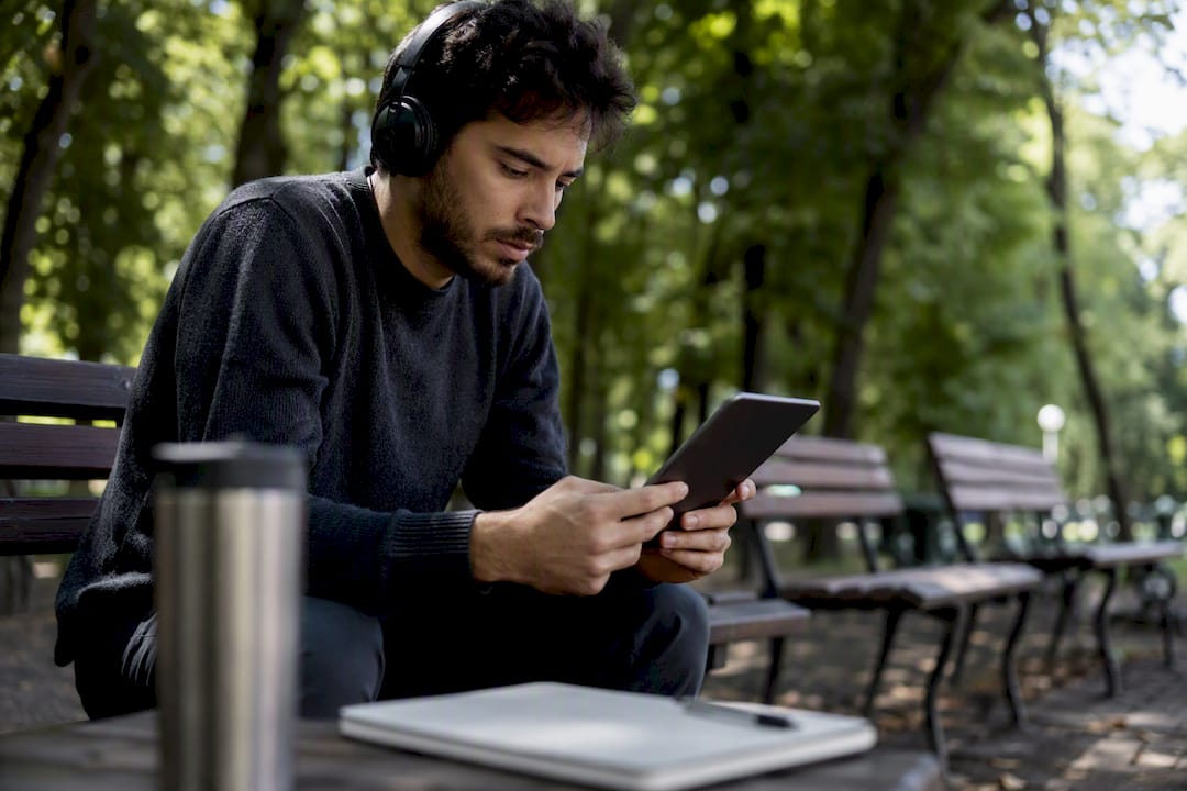 Adulto che studia per il diploma usando un tablet