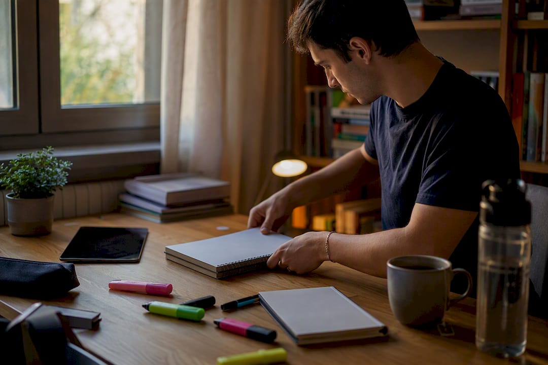 Mani che sistemano il materiale di studio per il diploma sulla scrivania