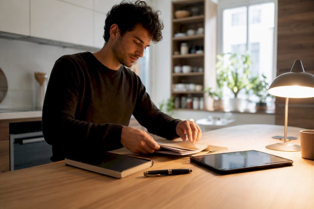 Mani che sistemano il materiale di studio sulla scrivania