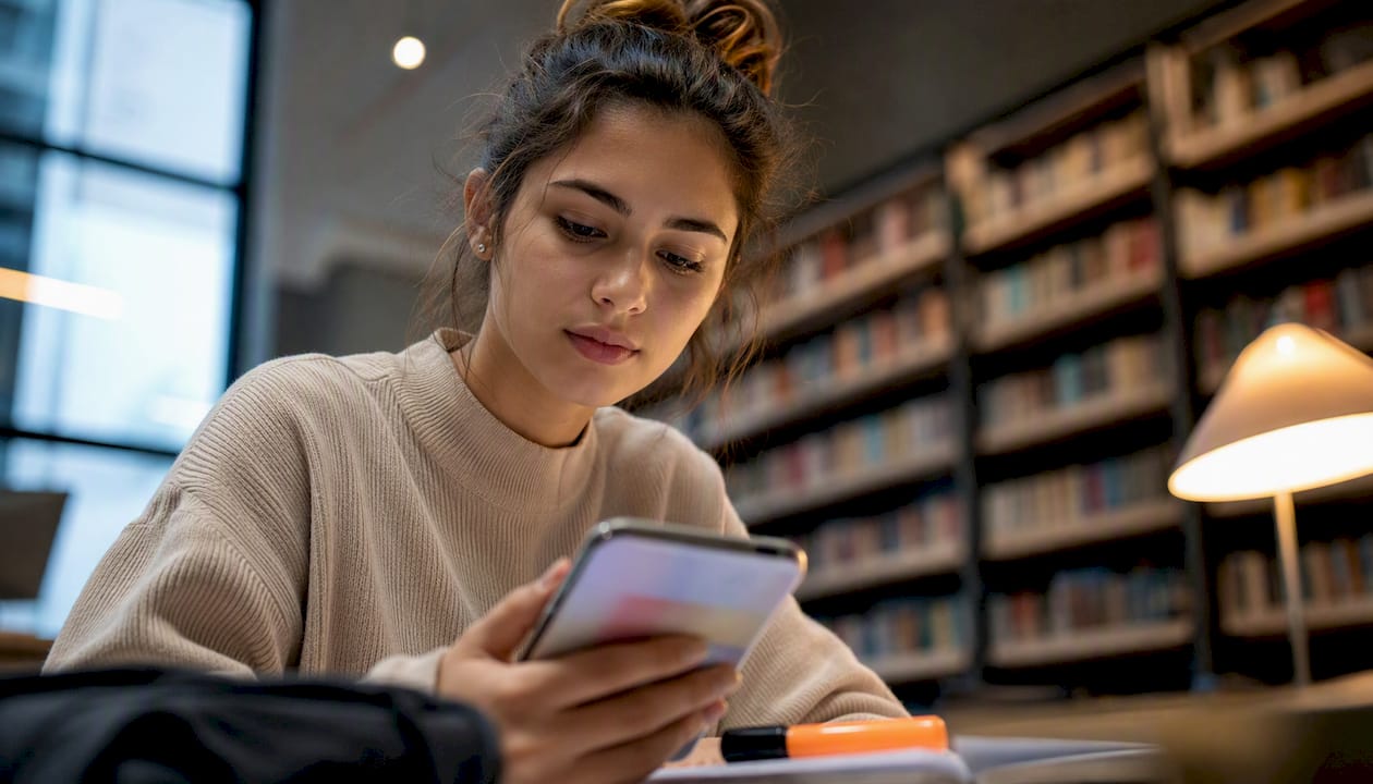 Studentessa che rivede una micro-lezione sul cellulare