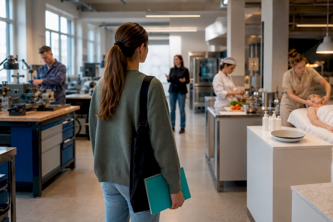 Una studentessa visita i laboratori di un istituto professionale