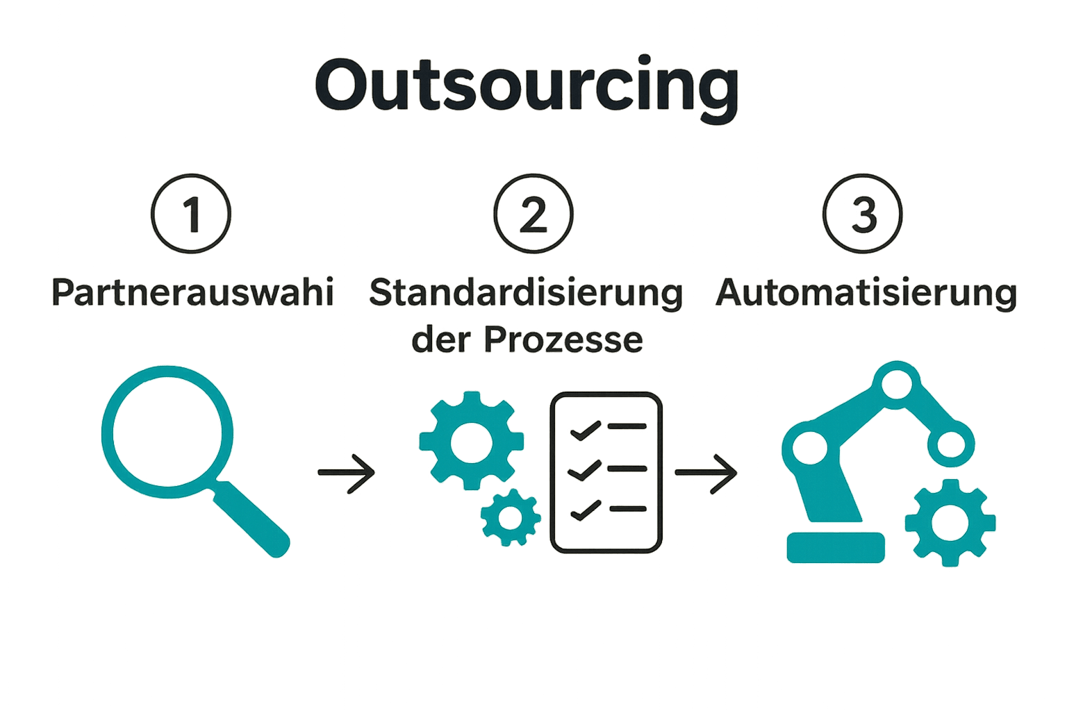 Infografik zu Erfolgsfaktoren bei Outsourcing-Partnerschaften mit Icons für Partnerwahl, Standardisierung und Automatisierung.