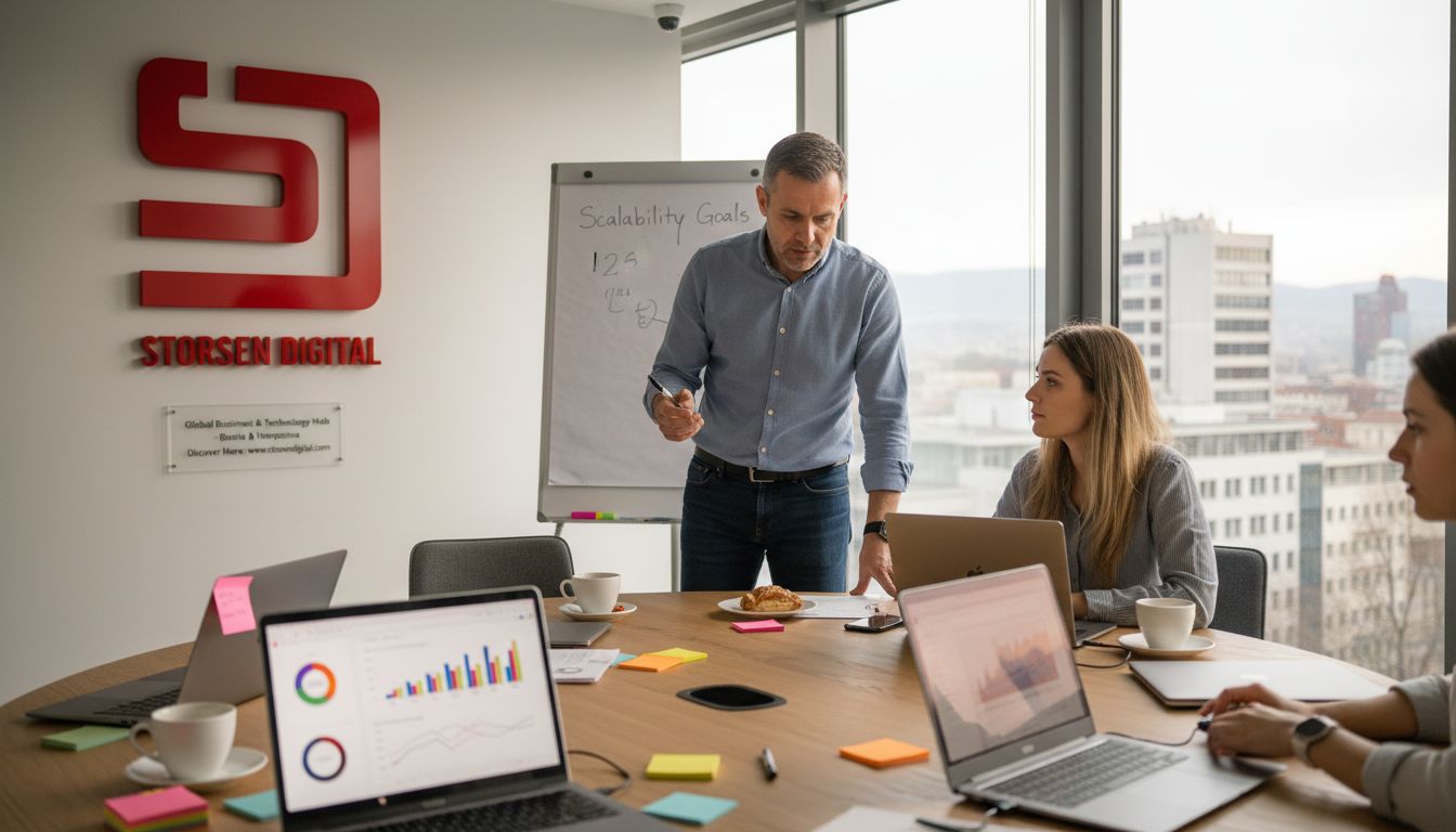 Manager leading scalable nearshore team huddle