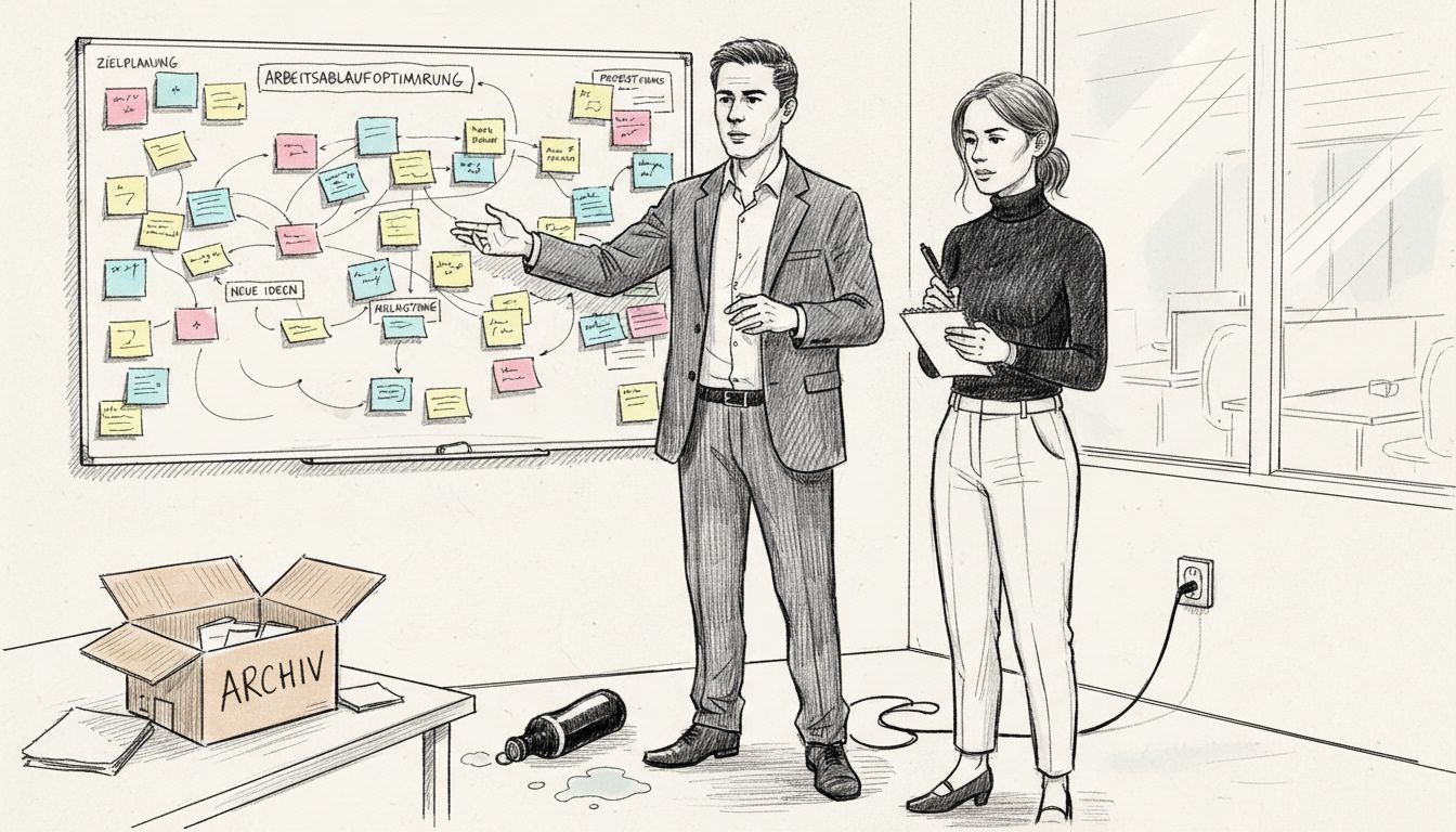 Ein Team arbeitet gemeinsam an einem Whiteboard und entwickelt kreative Lösungen.