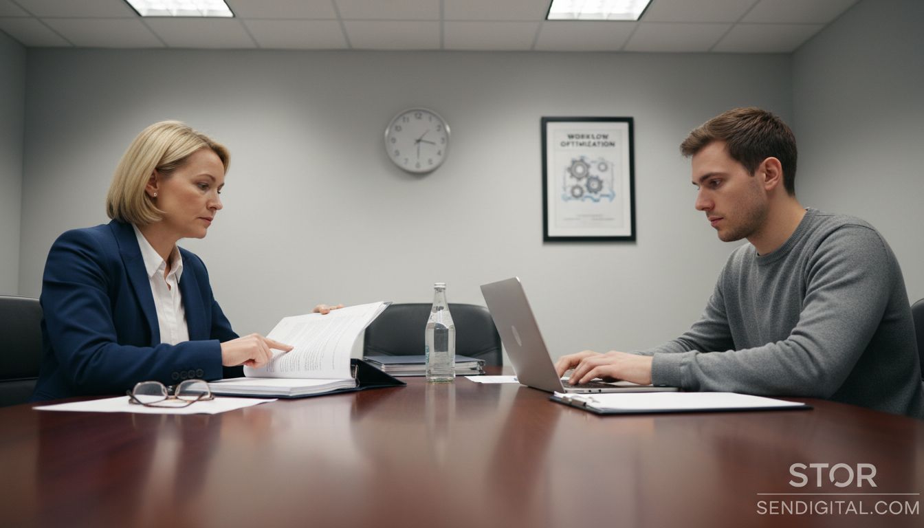 Colleagues discuss outsourcing project paperwork