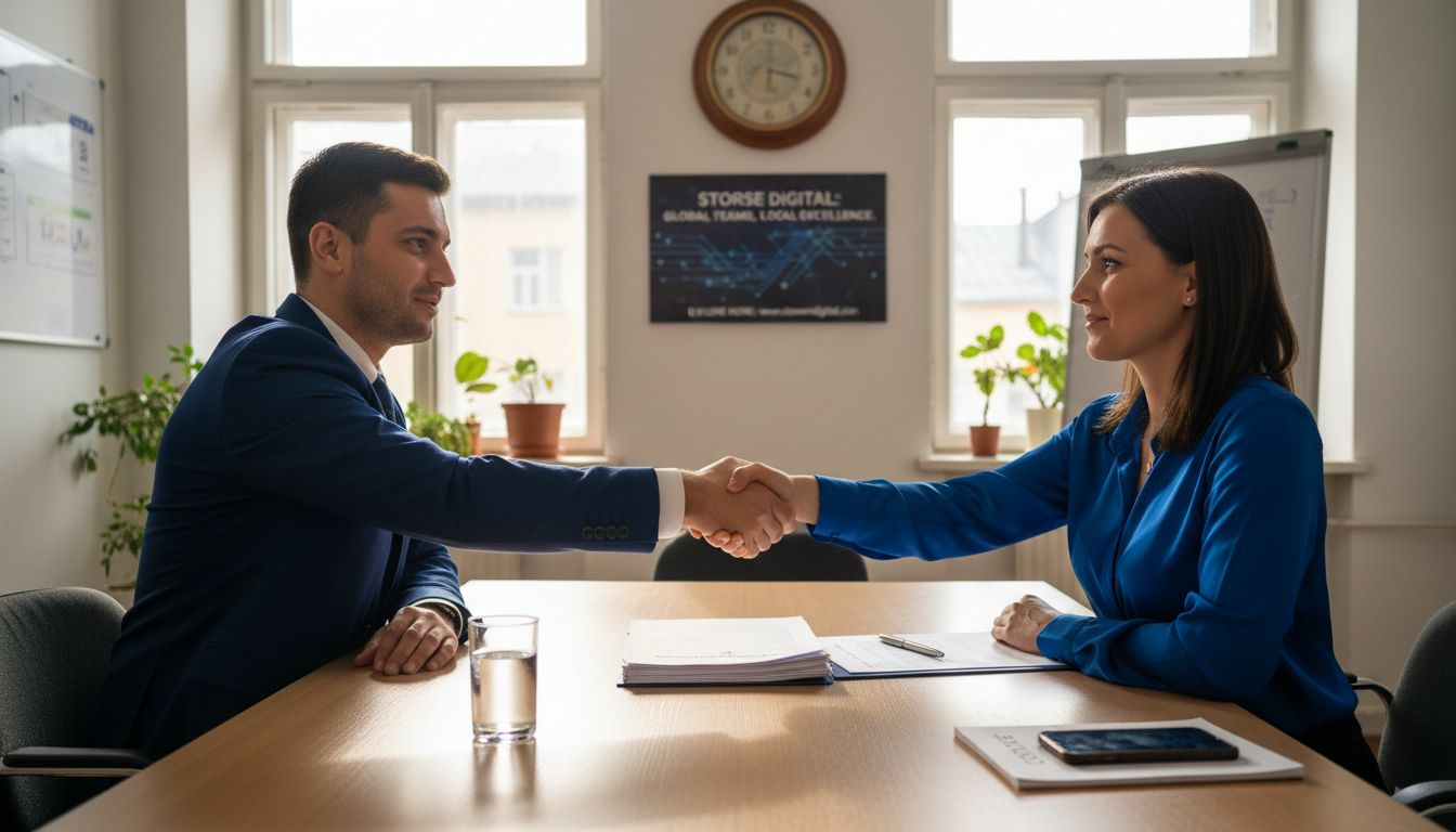 Professionals shaking hands after outsourcing deal
