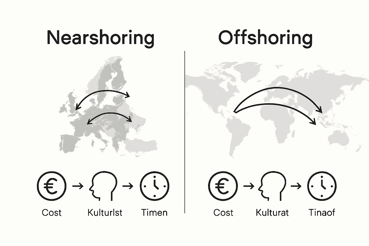 Die Infografik veranschaulicht die Unterschiede zwischen Nearshoring und Offshoring.