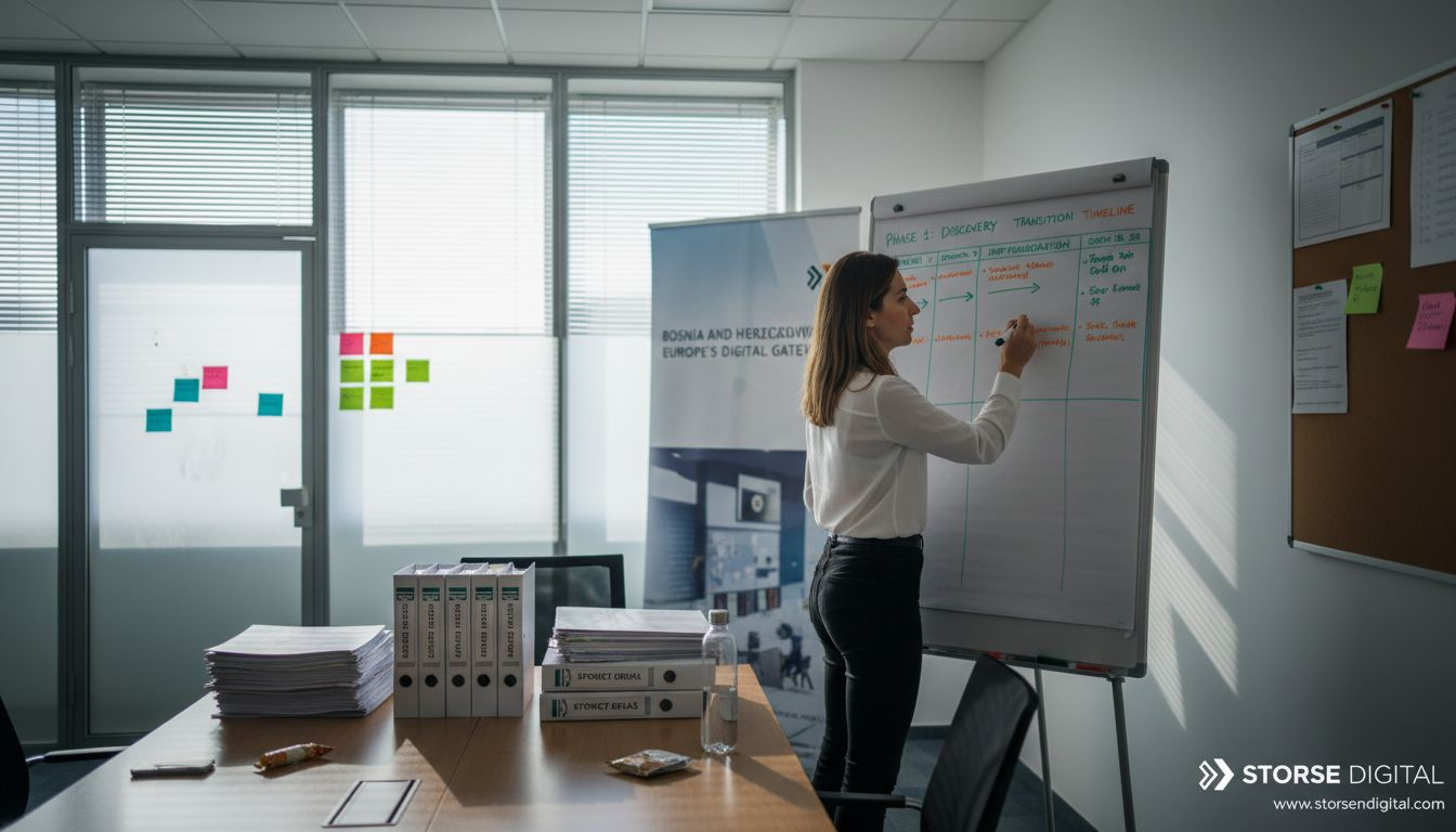 Coordinator preparing onboarding transition whiteboard