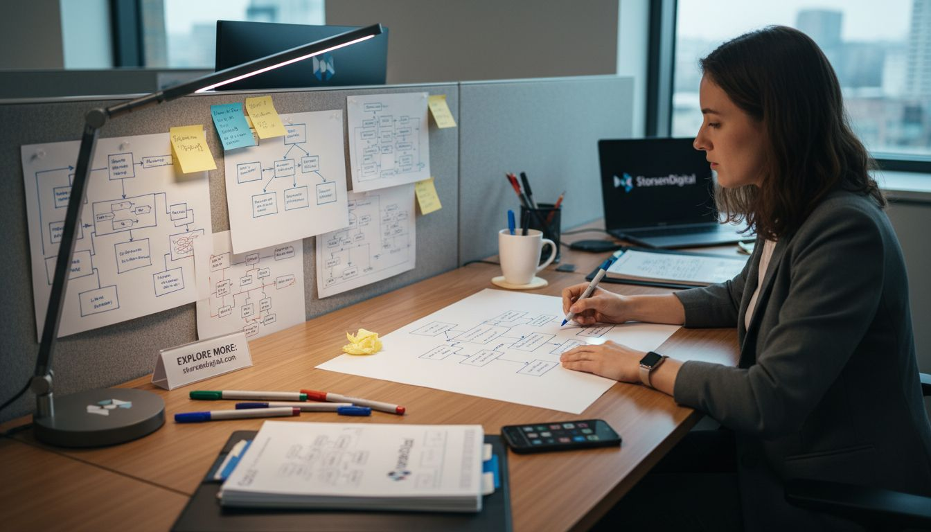 HR analyst sketching process flowchart by hand