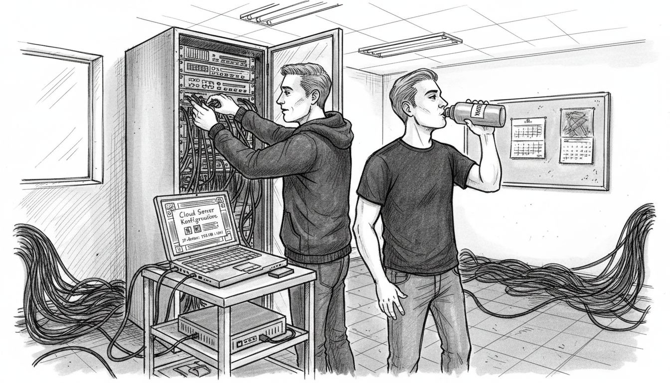 IT-Experten richten in einem modernen Büro die Cloud-Infrastruktur ein.