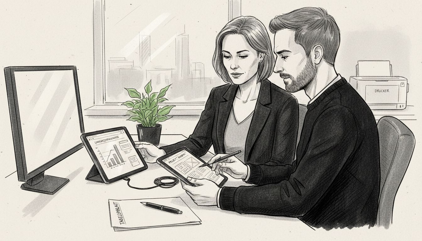 Ein Team arbeitet gemeinsam im Büro und nutzt dabei Tablets, um sich auszutauschen und zusammen Projekte zu bearbeiten.
