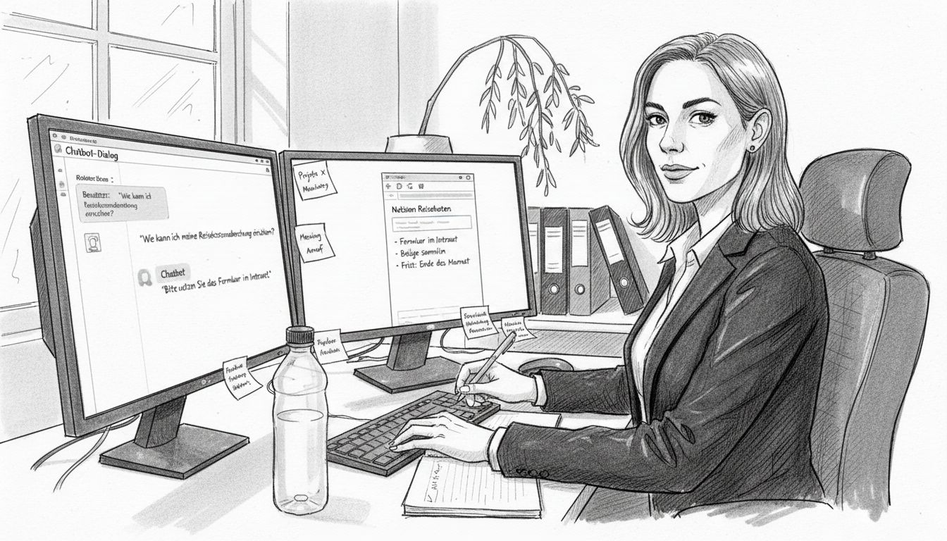 Im Büro greift die Sachbearbeiterin immer häufiger auf Künstliche Intelligenz zurück, um ihre täglichen Aufgaben effizienter zu erledigen.