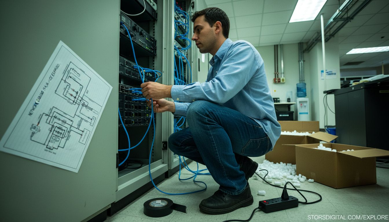 IT specialist connecting office server equipment