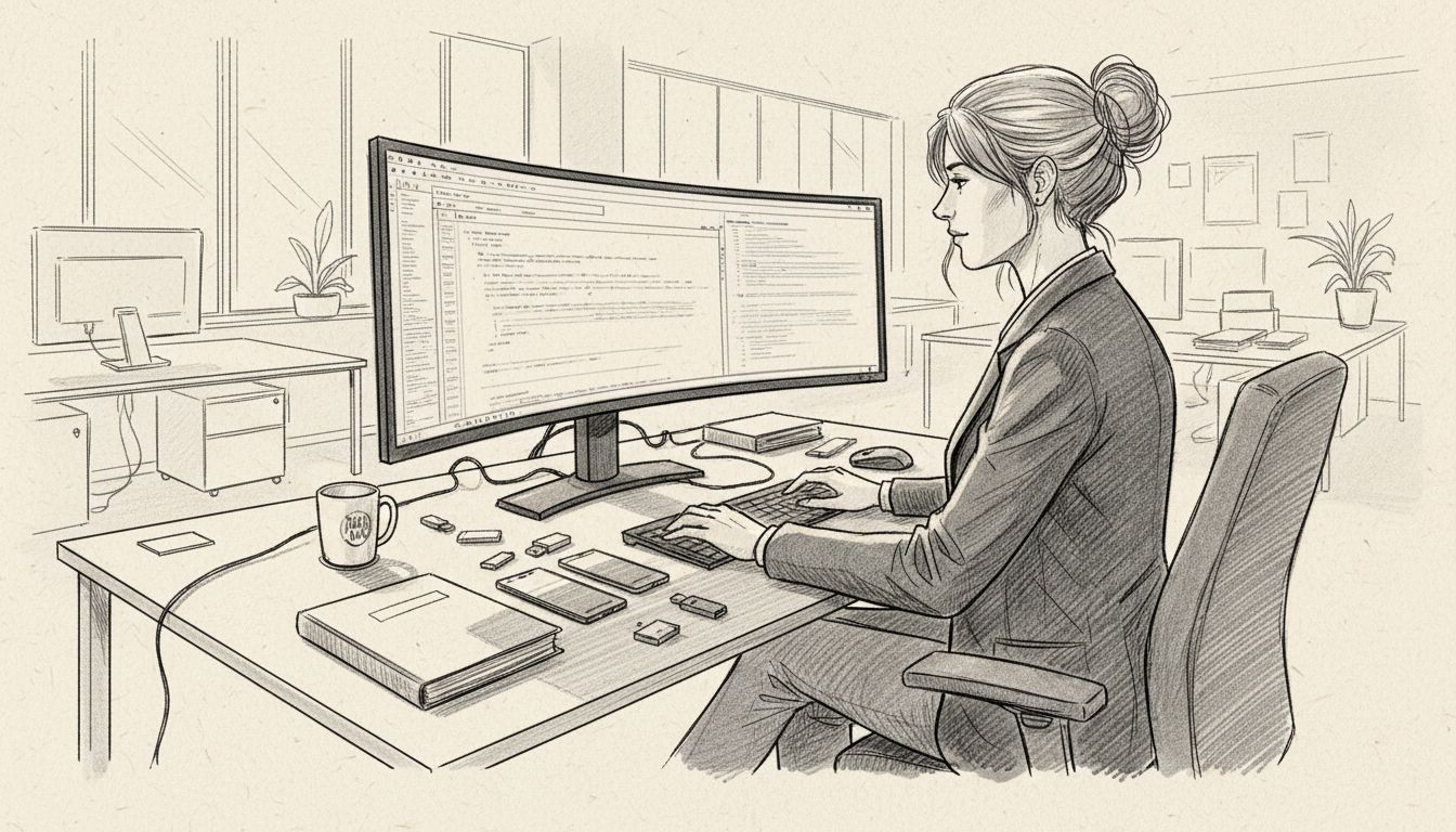 Ein IT-Manager sitzt am Schreibtisch und überprüft die Einhaltung der Sicherheitsrichtlinien.