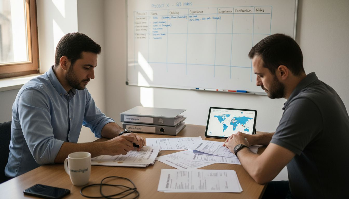 Recruiters creating skills matrix on whiteboard