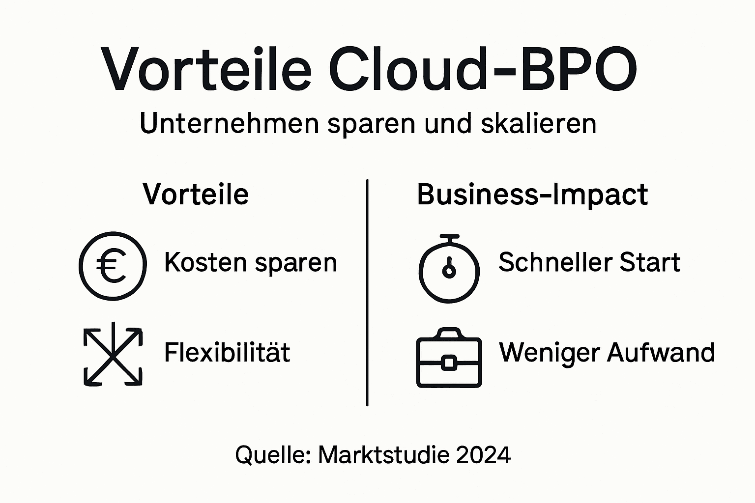 Die Infografik zeigt auf einen Blick, welche Vorteile Cloud-BPO-Lösungen bieten und wie sie im Vergleich zu herkömmlichen Ansätzen abschneiden.