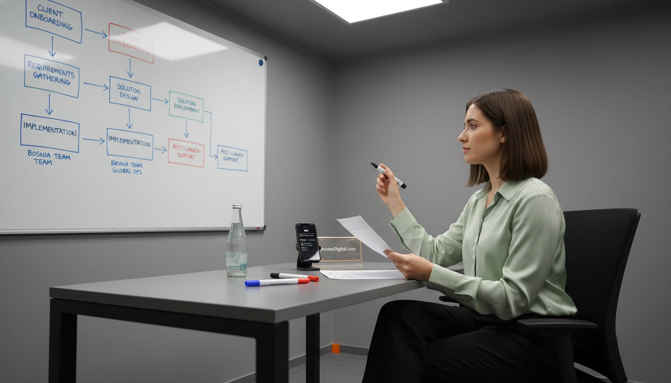Manager creating workflow on whiteboard