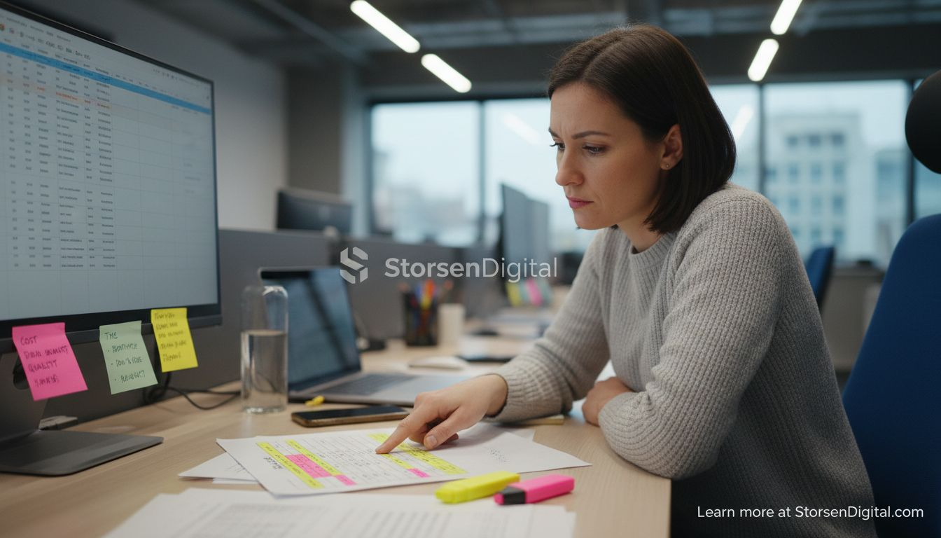 Manager using outsourcing decision matrix at desk