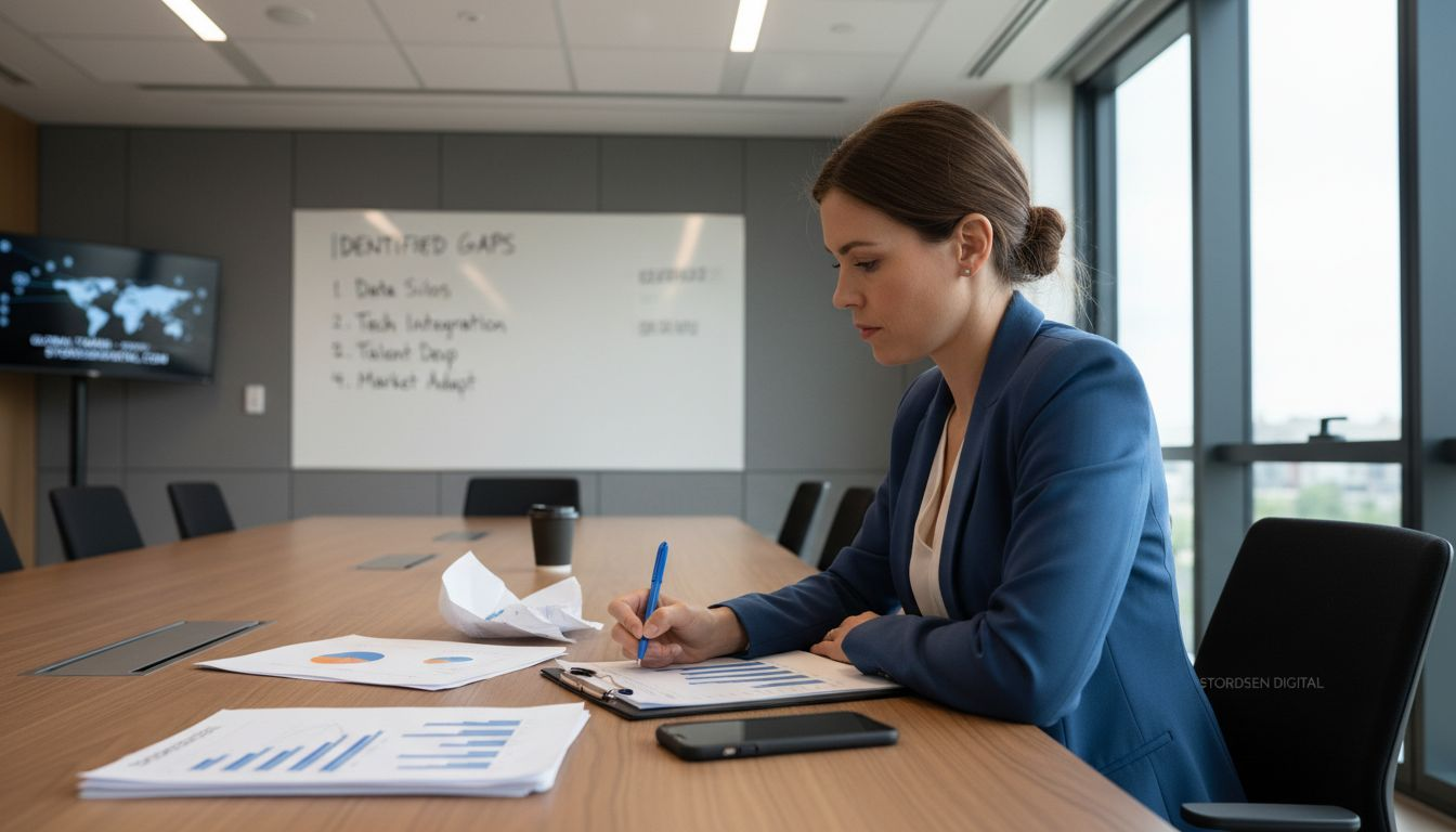 Analyst recording finance process gaps on clipboard