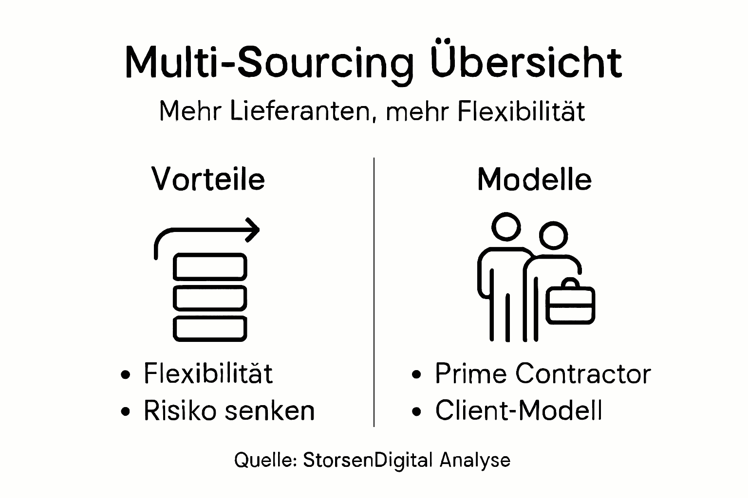 Übersichtsgrafik: Die wichtigsten Vorteile und Modelle von Multi-Sourcing auf einen Blick