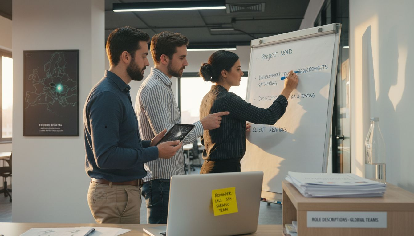 Team defining roles using office whiteboard