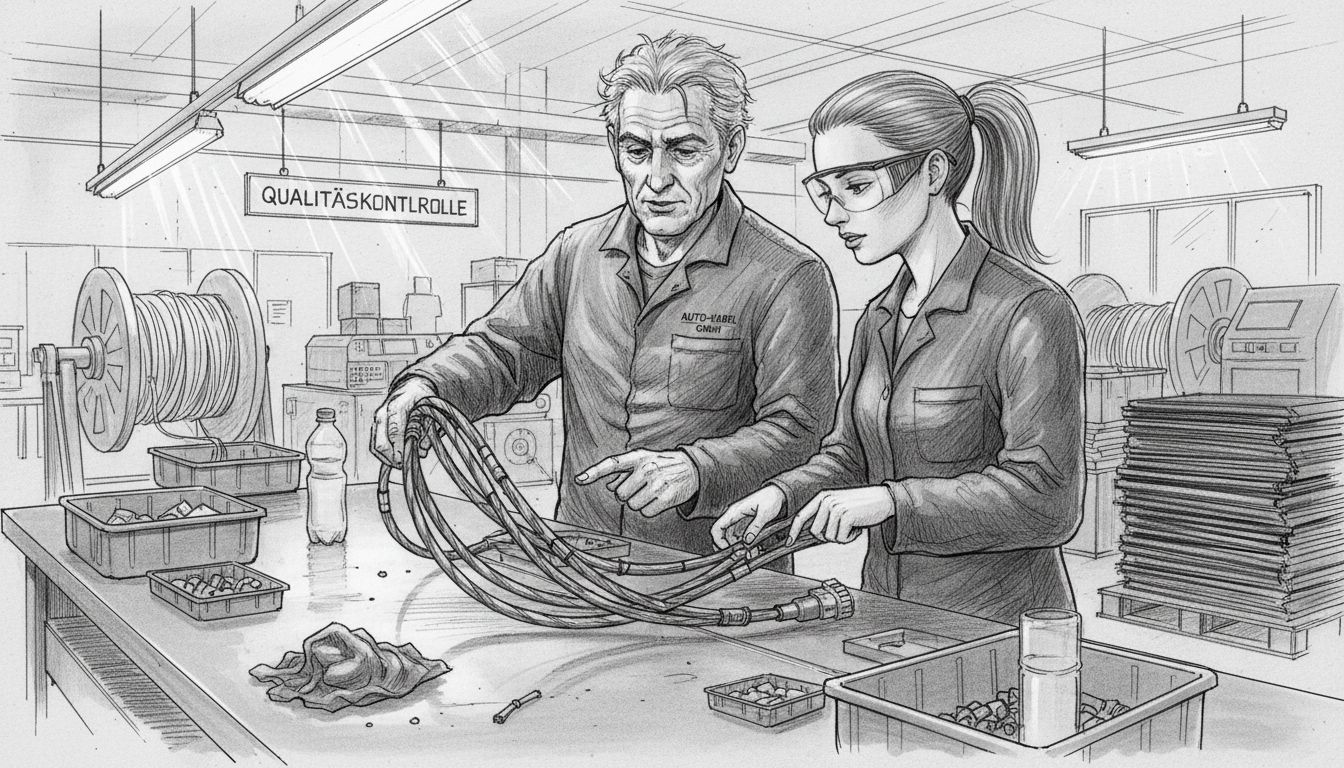 Mitarbeiter in der Produktion überprüfen sorgfältig die Qualität von Fahrzeugkabeln.