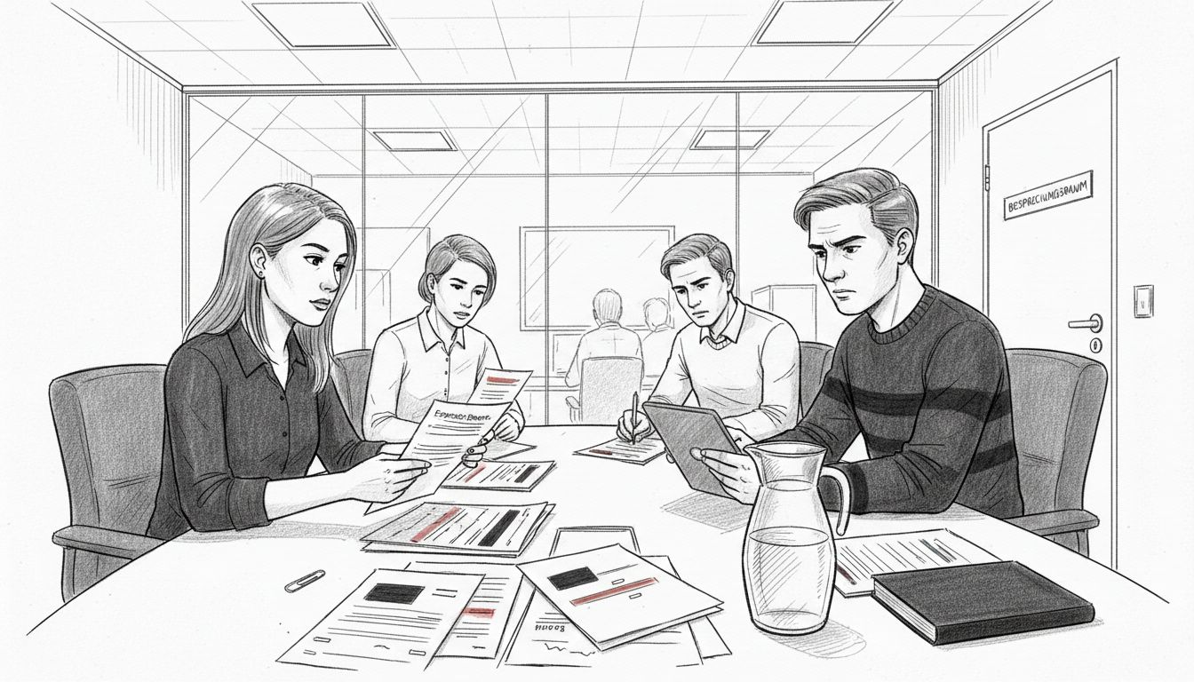 Das Team geht in der Besprechung gemeinsam die Kostenberichte durch.