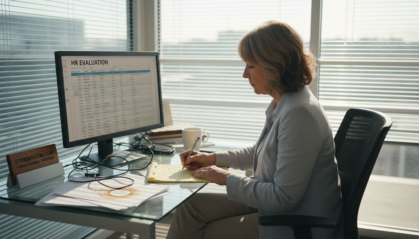 HR manager documenting assessment metrics at desk