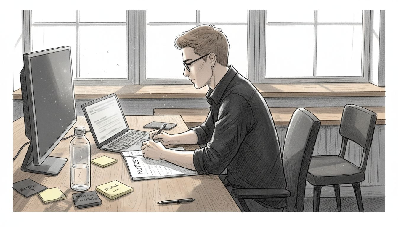 Ein Mitarbeiter richtet seinen Laptop an einem individuell gestalteten Arbeitsplatz ein.