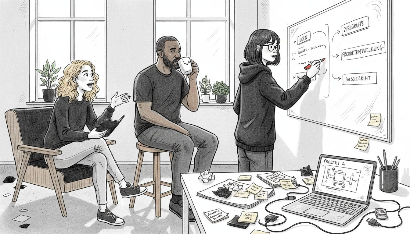 Ein vielfältiges Team sammelt gemeinsam kreative Ideen im modernen Büro eines Start-ups.
