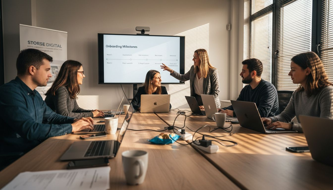 Onboarding team in virtual meeting room