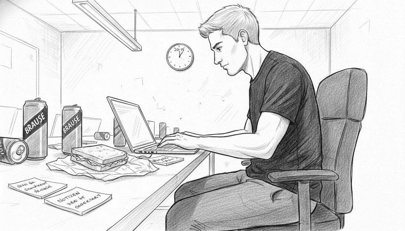 Ein Entwickler sitzt bis spät abends im Ausland im Büro eines Tech-Unternehmens und arbeitet Überstunden.