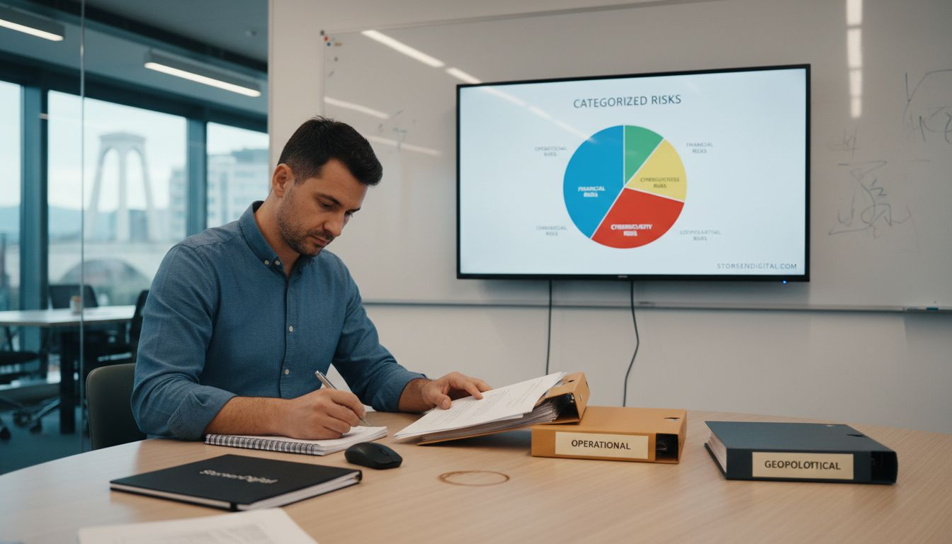 Analyst sorting risk folders in meeting room