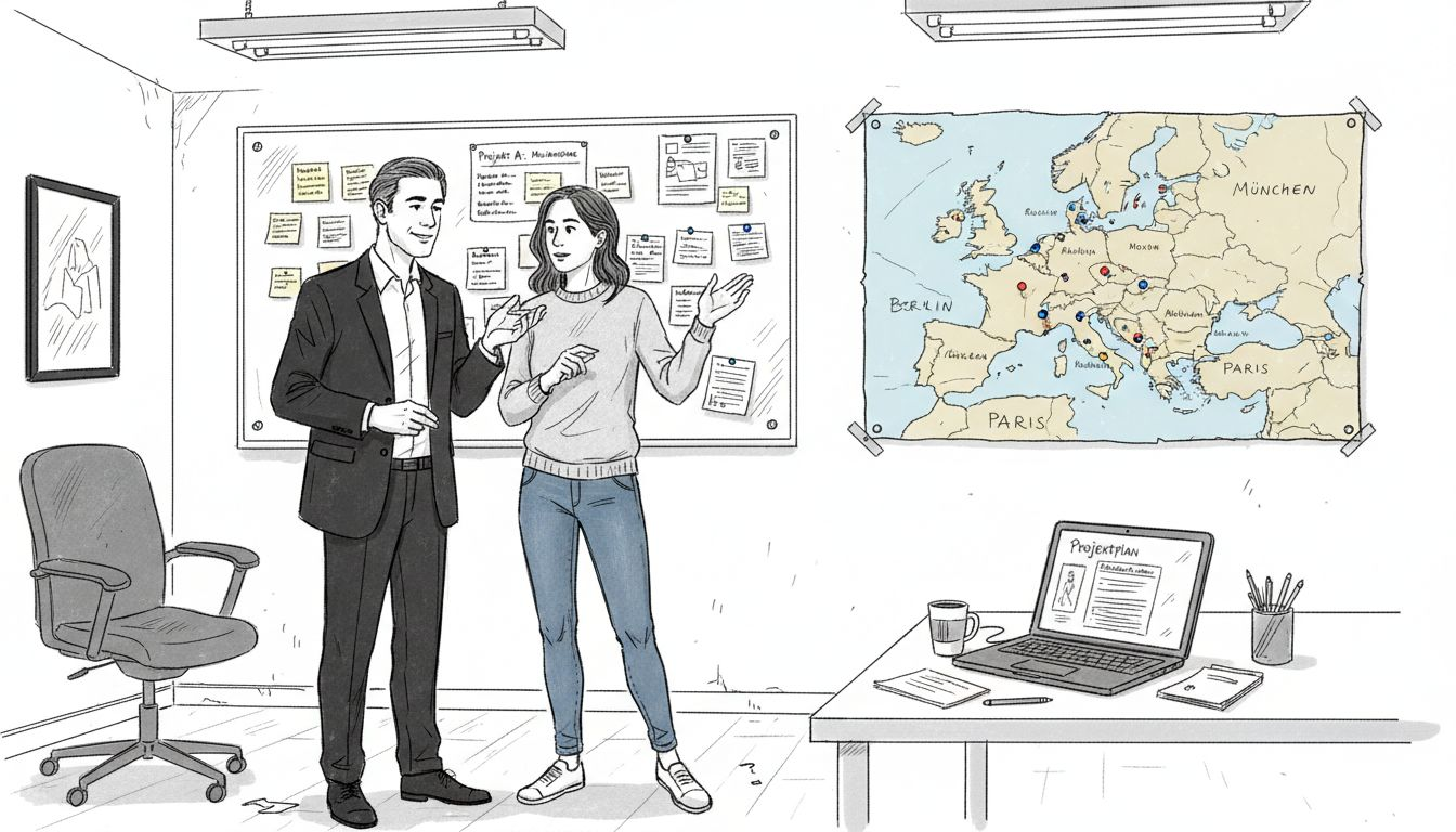 Mitarbeiter tauschen sich darüber aus, wie gut jemand ins europäische Arbeitsumfeld passt und ob die kulturellen Unterschiede berücksichtigt werden.