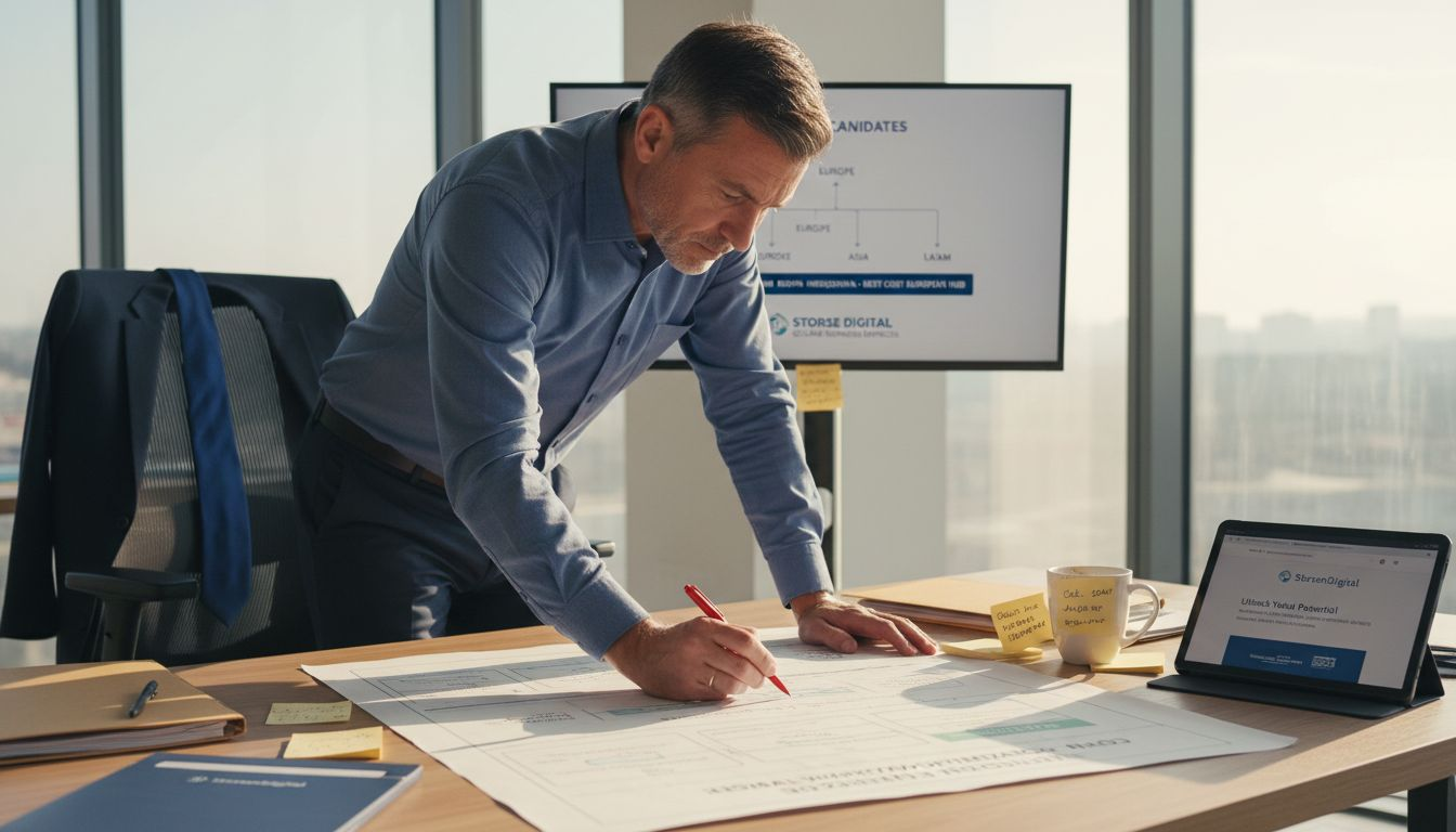 Executive reviewing outsourcing workflow diagram