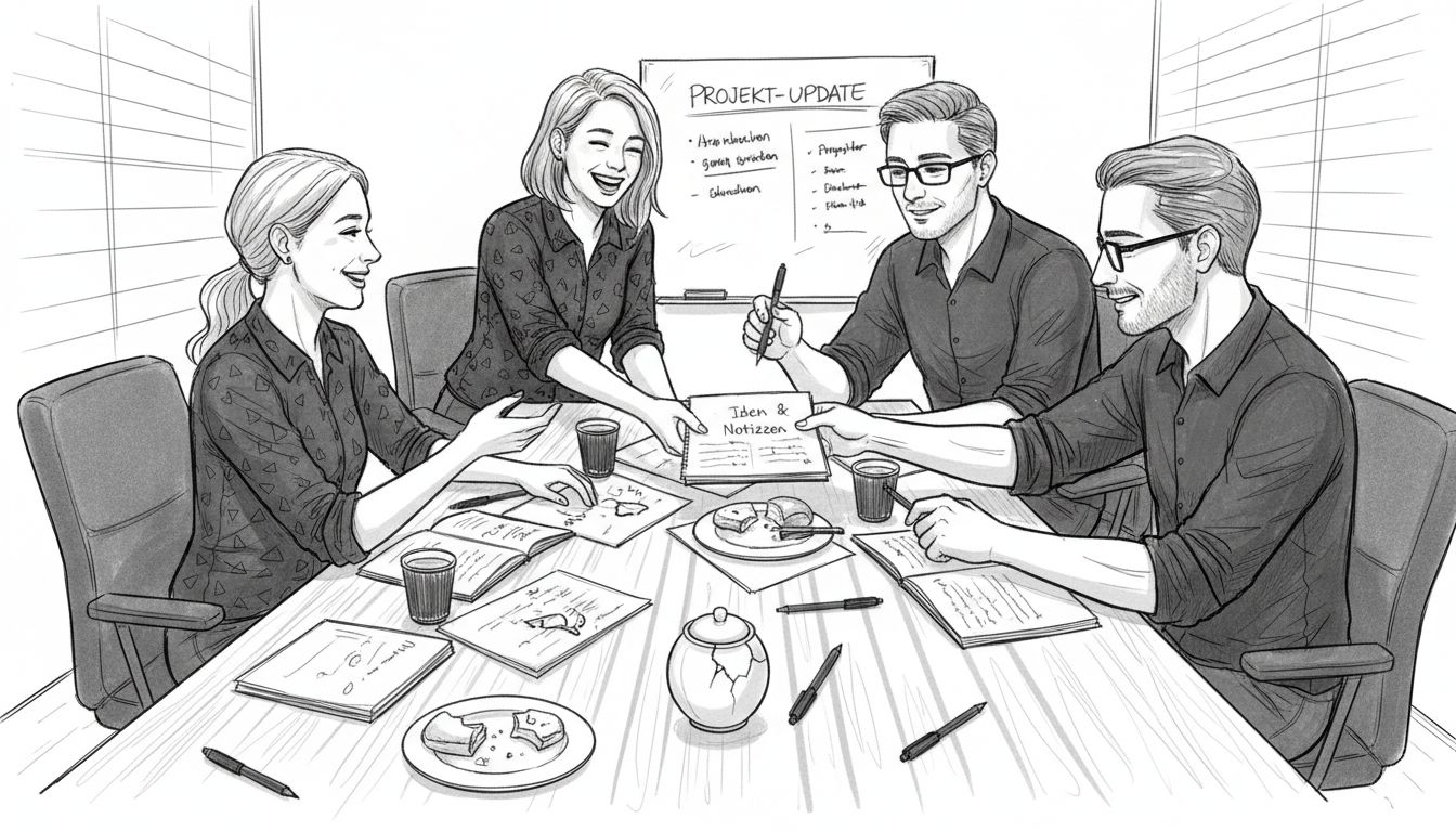 Ein Team kommt in entspannter Atmosphäre im bosnischen Büro zu einem Meeting zusammen.