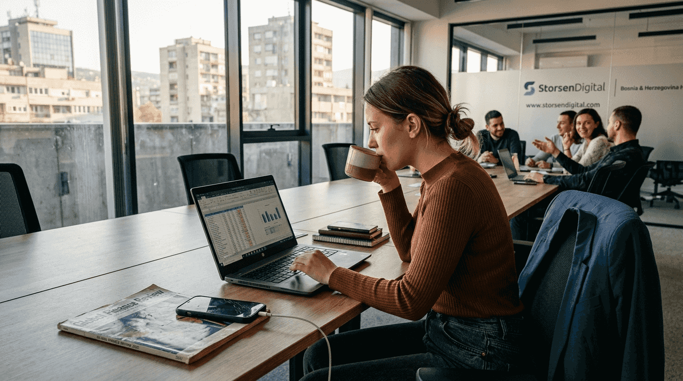 Worker in open office comparing finance options