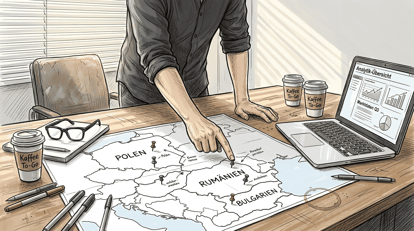 Ein Analyst wirft einen genauen Blick auf die Landkarte mit potenziellen Nearshoring-Standorten in Europa.