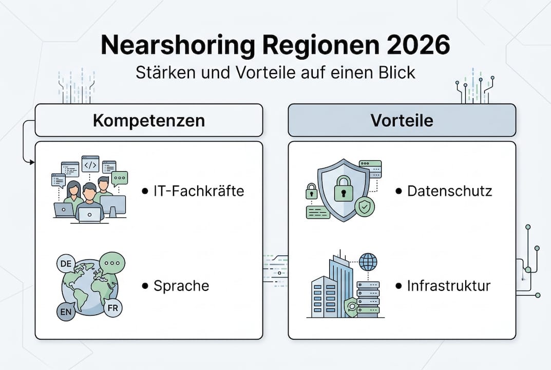 Infografik: Die wichtigsten Nearshoring-Regionen und ihre Vorteile auf einen Blick