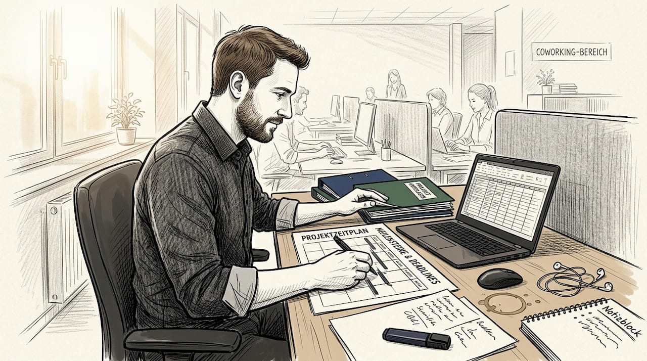 Ein Mann sortiert Unterlagen für ein Outsourcing-Projekt an seinem Schreibtisch.