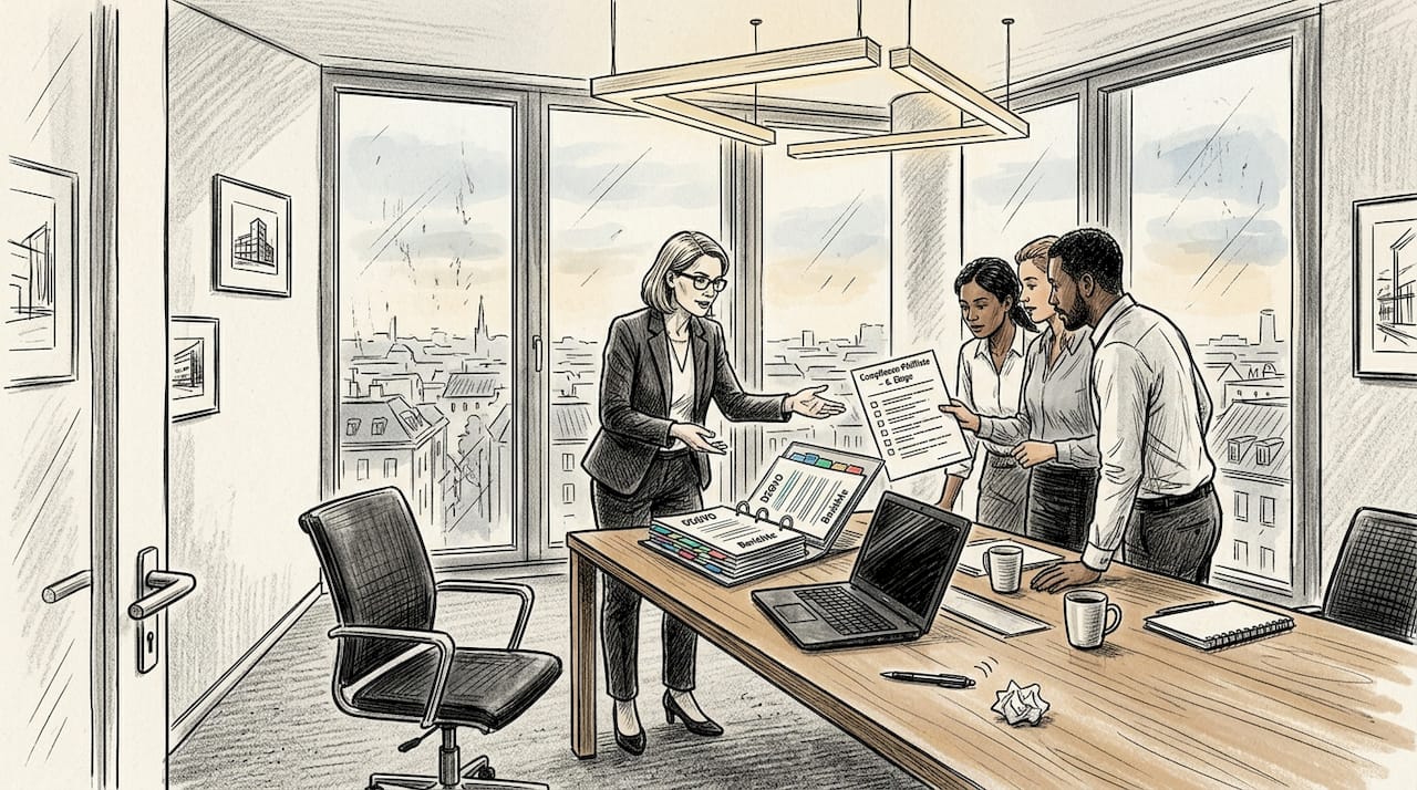 Das Compliance-Team prüft die Checkliste für das Outsourcing.