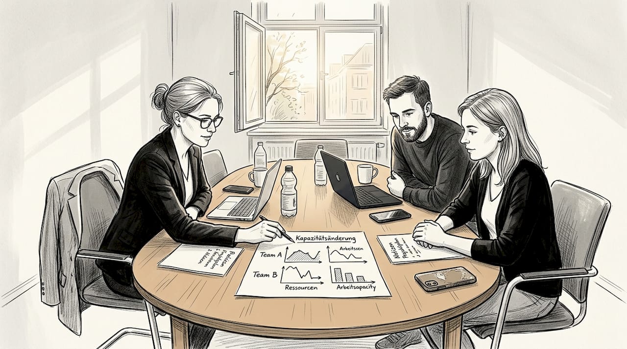 Das Team bespricht am Konferenztisch, wie die Kapazitäten angepasst werden können.