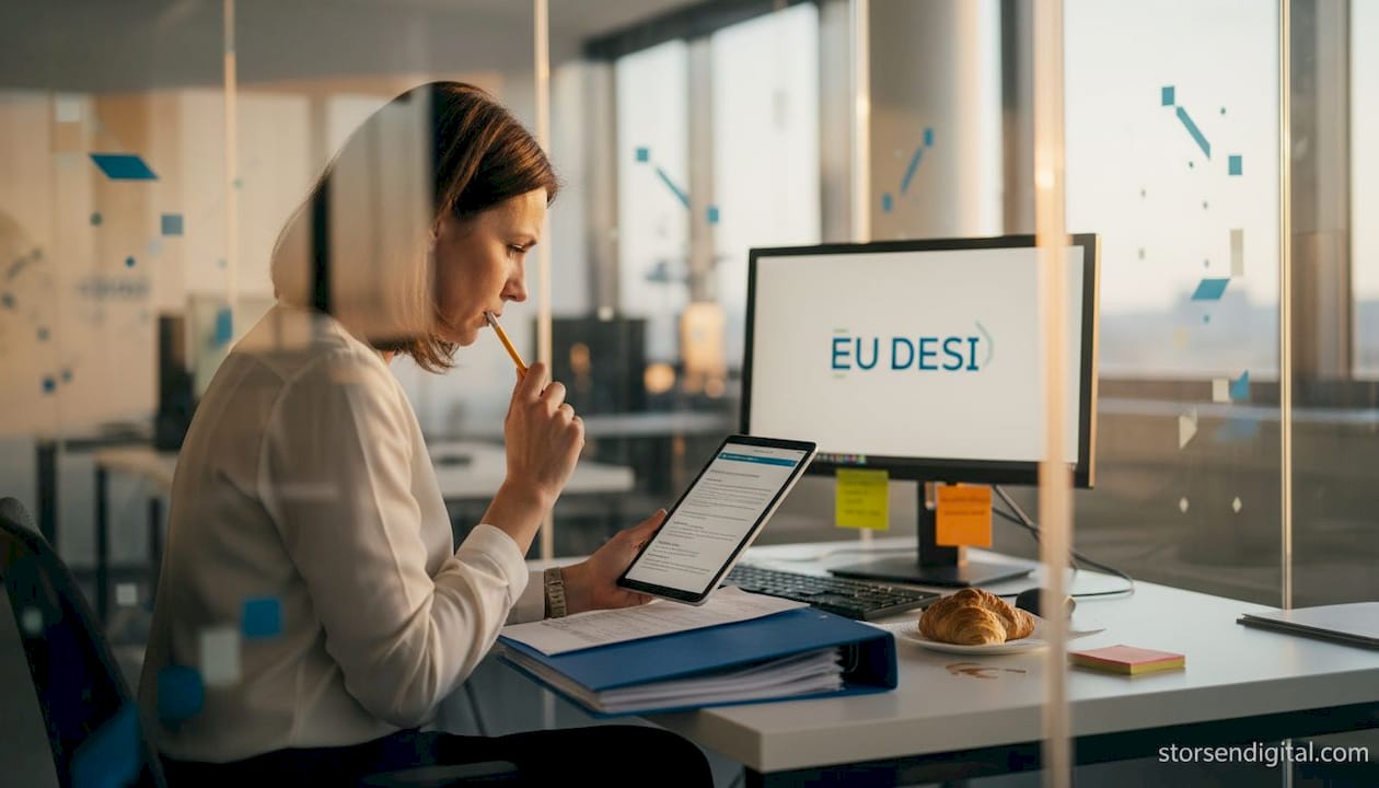 Woman reviewing digital maturity checklist at desk