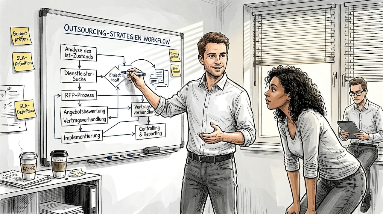 Ein Team entwickelt gemeinsam am Whiteboard eine Strategie für das Outsourcing.