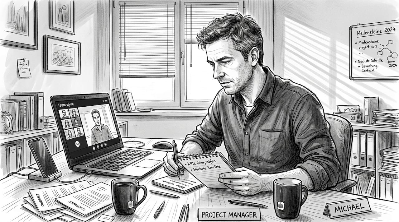 Der Projektleiter moderiert das Online-Meeting von seinem Homeoffice aus.