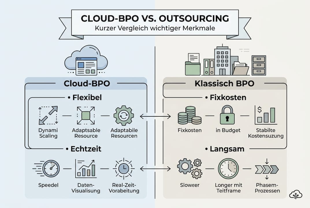 In dieser Infografik werden verschiedene Cloud-BPO-Outsourcing-Modelle gegenübergestellt.