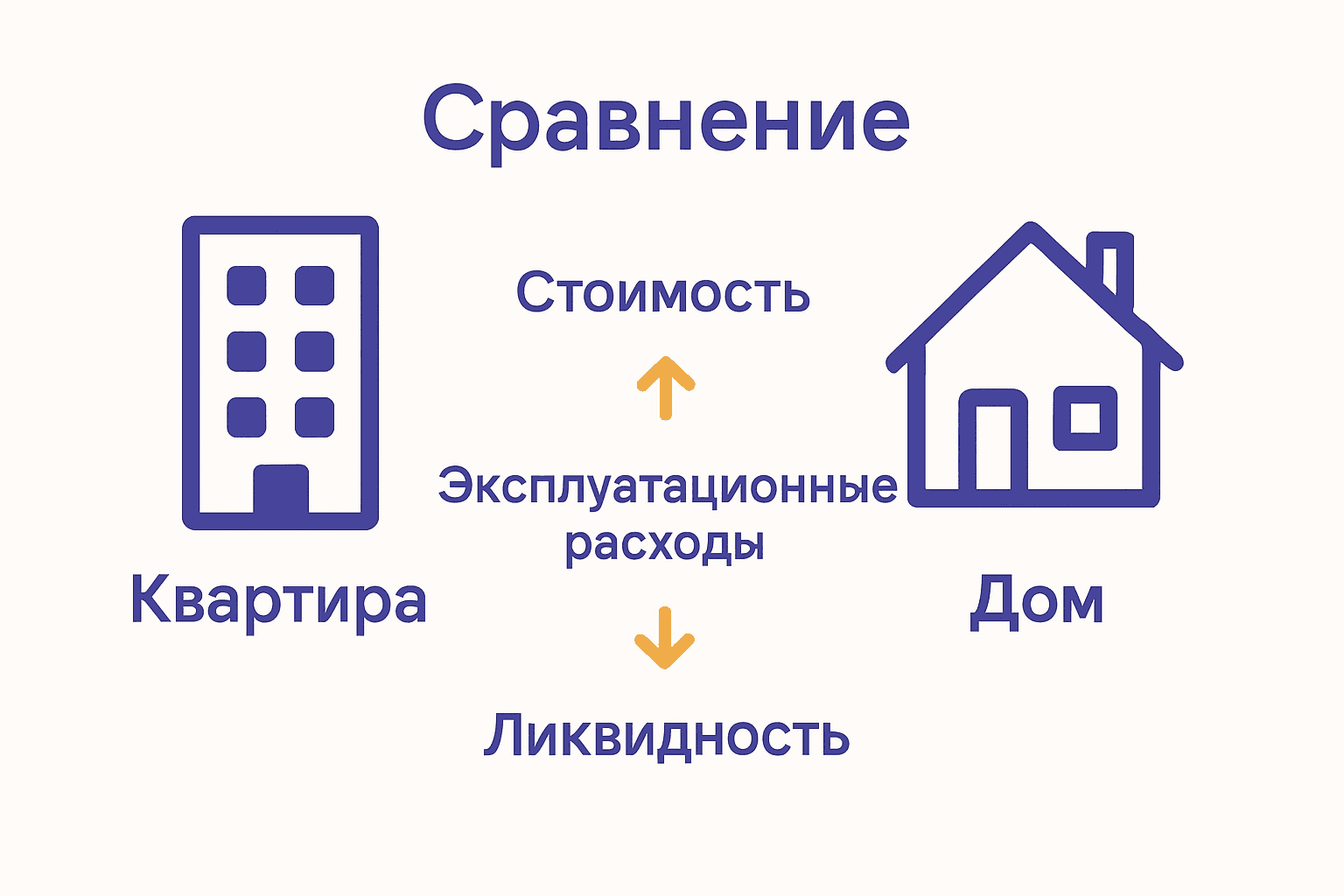 Инфографика сравнения квартиры и дома по трем ключевым параметрам.