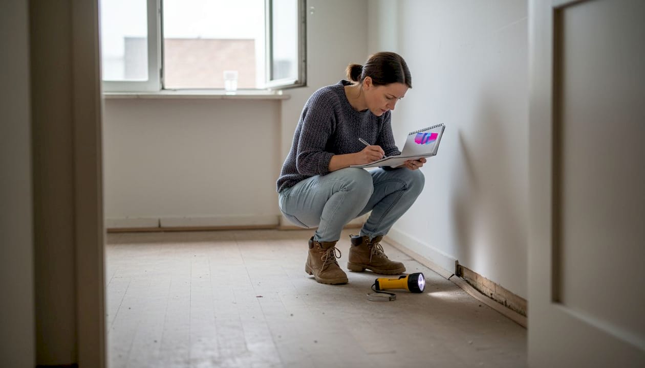 Женщина внимательно осматривает пустой угол в квартире.